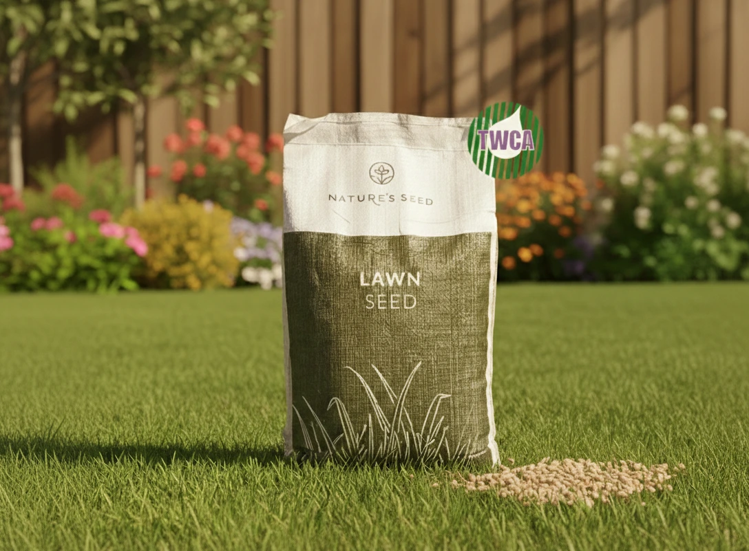 Nature's Seed TWCA-qualified lawn seed bag sitting on a lush, green residential lawn with a garden background.
