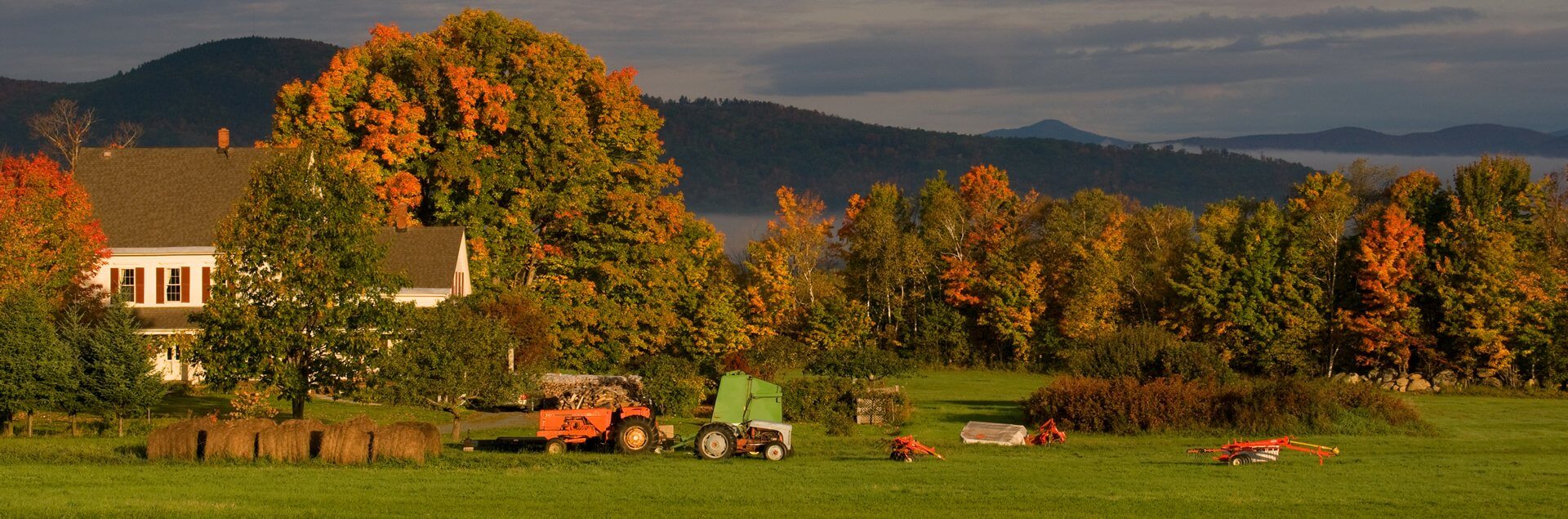 a tractor in a field with trees and mountains in the background