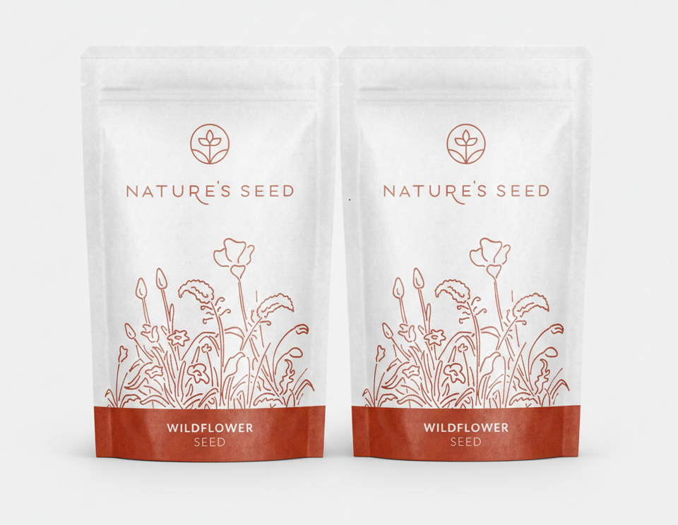 Nature's Seed First-Year Color and Perennial Foundation Wildflower Kit featuring two seed pouches: an Annual Color Mix for instant blooms and a Deer Resistant Perennial Mix for long-term growth.