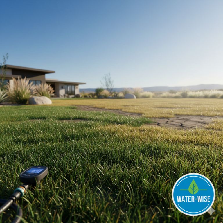 A lush, deep-green eco-friendly lawn grown with TWCA-certified water-wise grass seed to reduce irrigation by 40%.