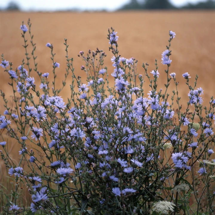 A flowering chicory plant with pale blue blooms in the foreground against a golden grain field in soft focus.