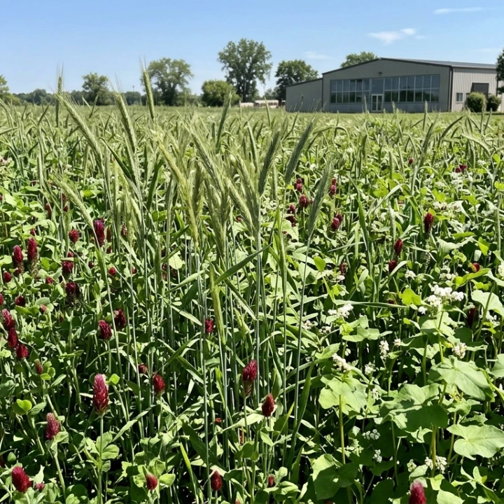 Cover crop stand of headed cereal rye mixed with crimson clover and white buckwheat blooms under blue sky