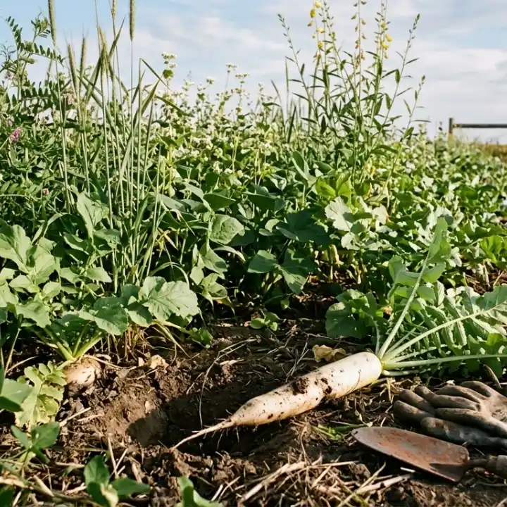 Daikon radish pulled from bare soil beside work gloves and a trowel at the edge of a green cover crop stand
