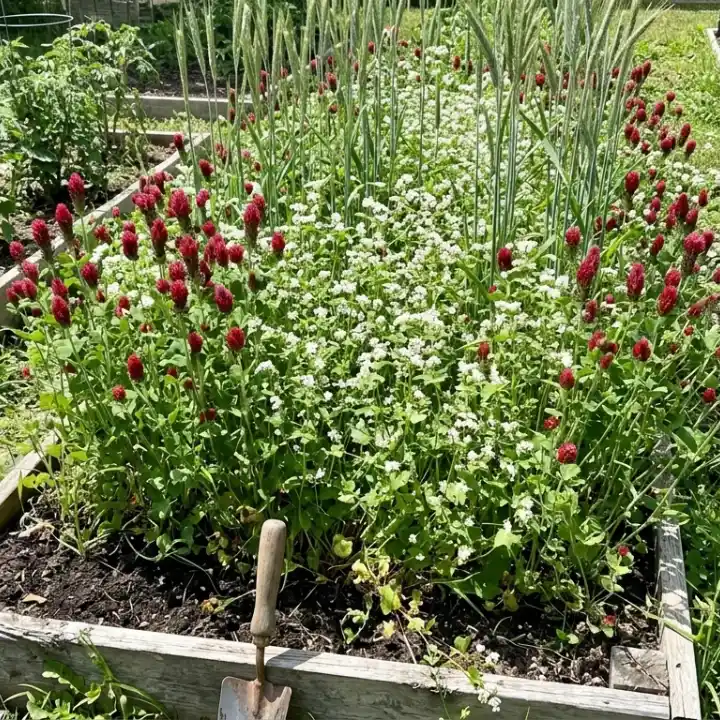 Raised wooden garden bed packed with crimson clover, white blooms and tall cereal grass, a spade at the front